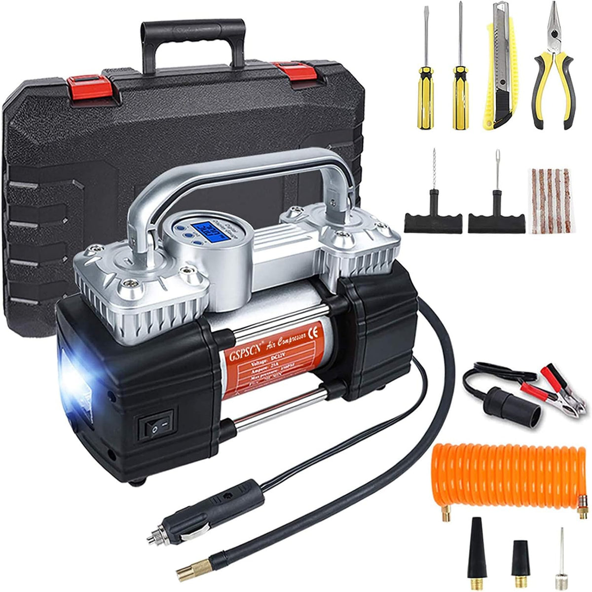 150Psi 12V Dual Cylinders Air Compressor Pump with Tire Repair Kit T8340