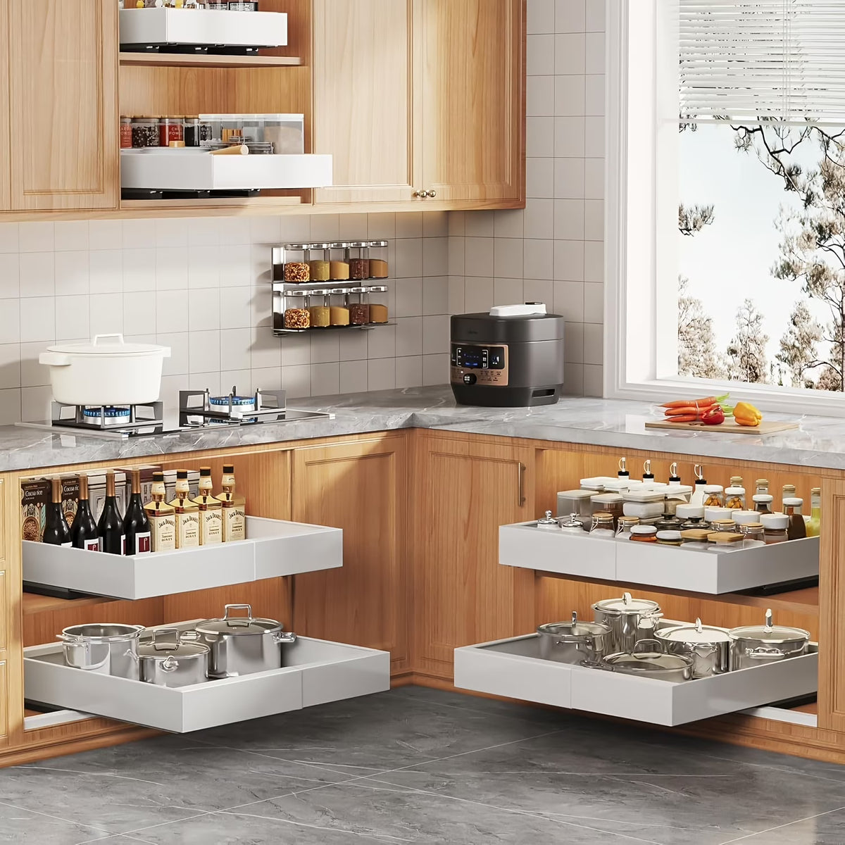 2Pack Expandable Pull Out Cabinet Organizer 16Deep, Slide Out Drawers With 6pcs Divider Racks, Roll Out Shelves Adhesive, Adjustable Width11.7-20 Q861