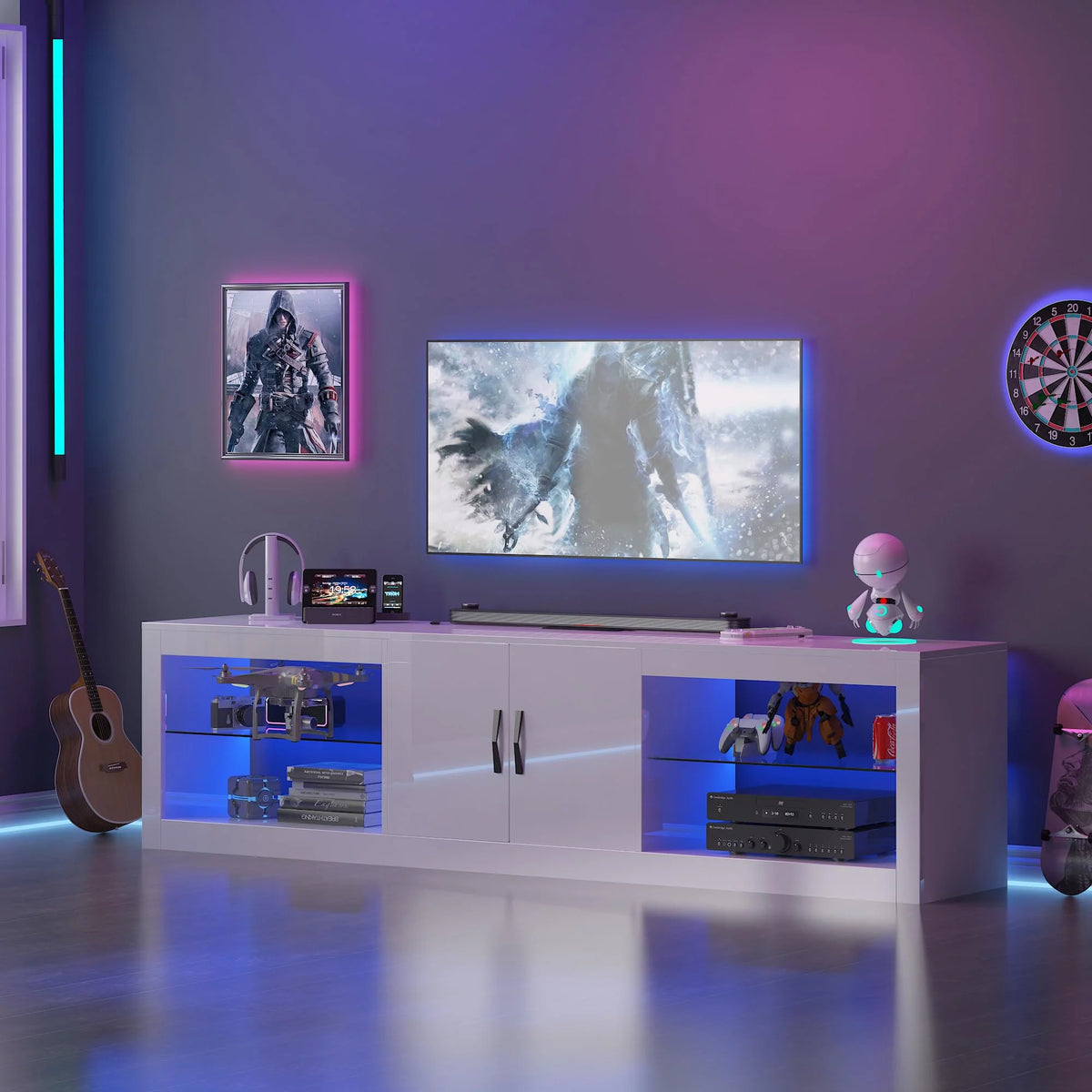 White LED TV Stand with Power Outlet & USB Ports D39506