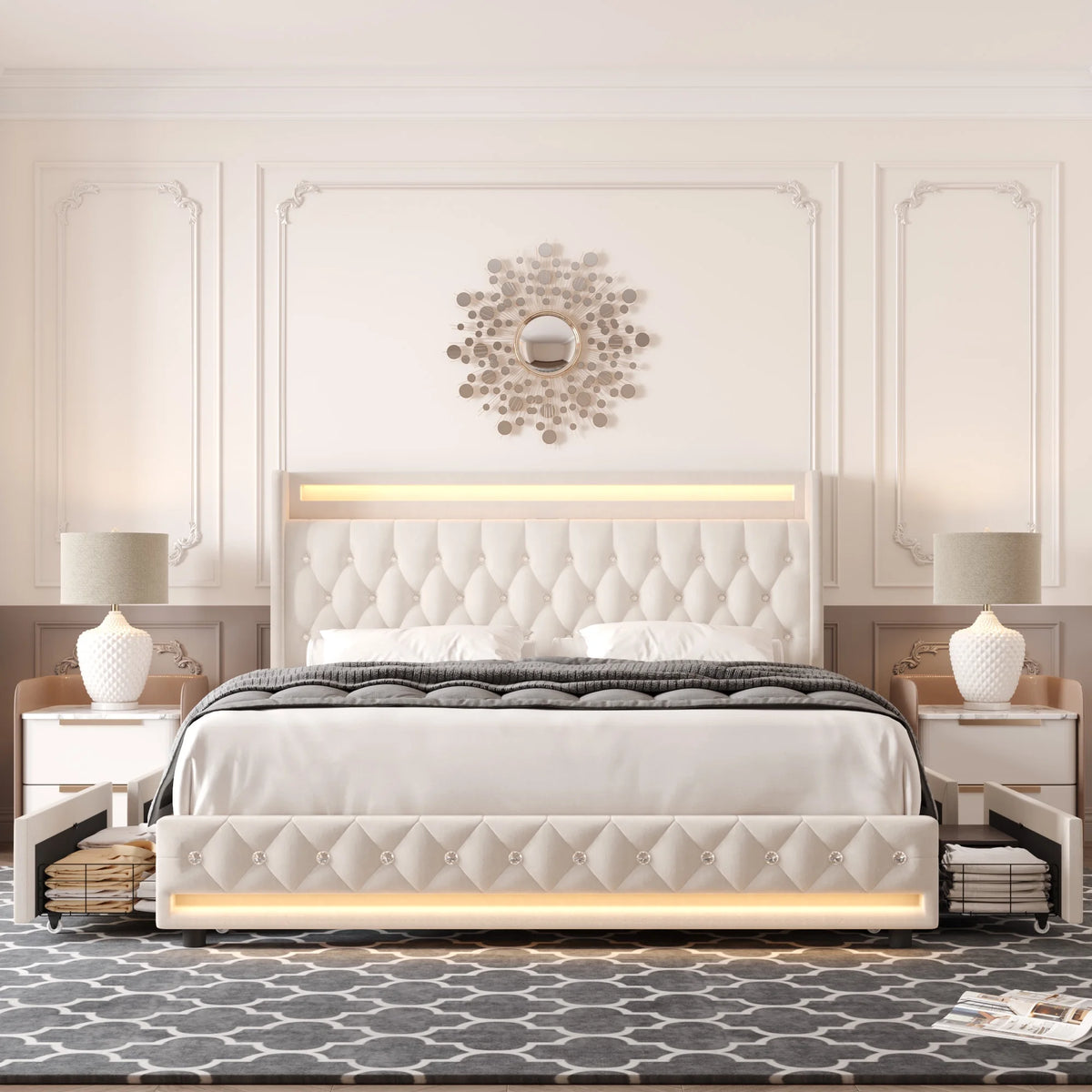 King Size LED Bed Frame with 4 Storage Drawers B4663
