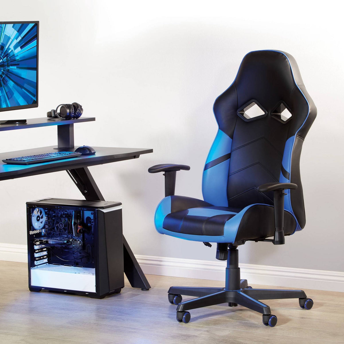 Black Faux Leather Gaming Chair with Blue Accents X577
