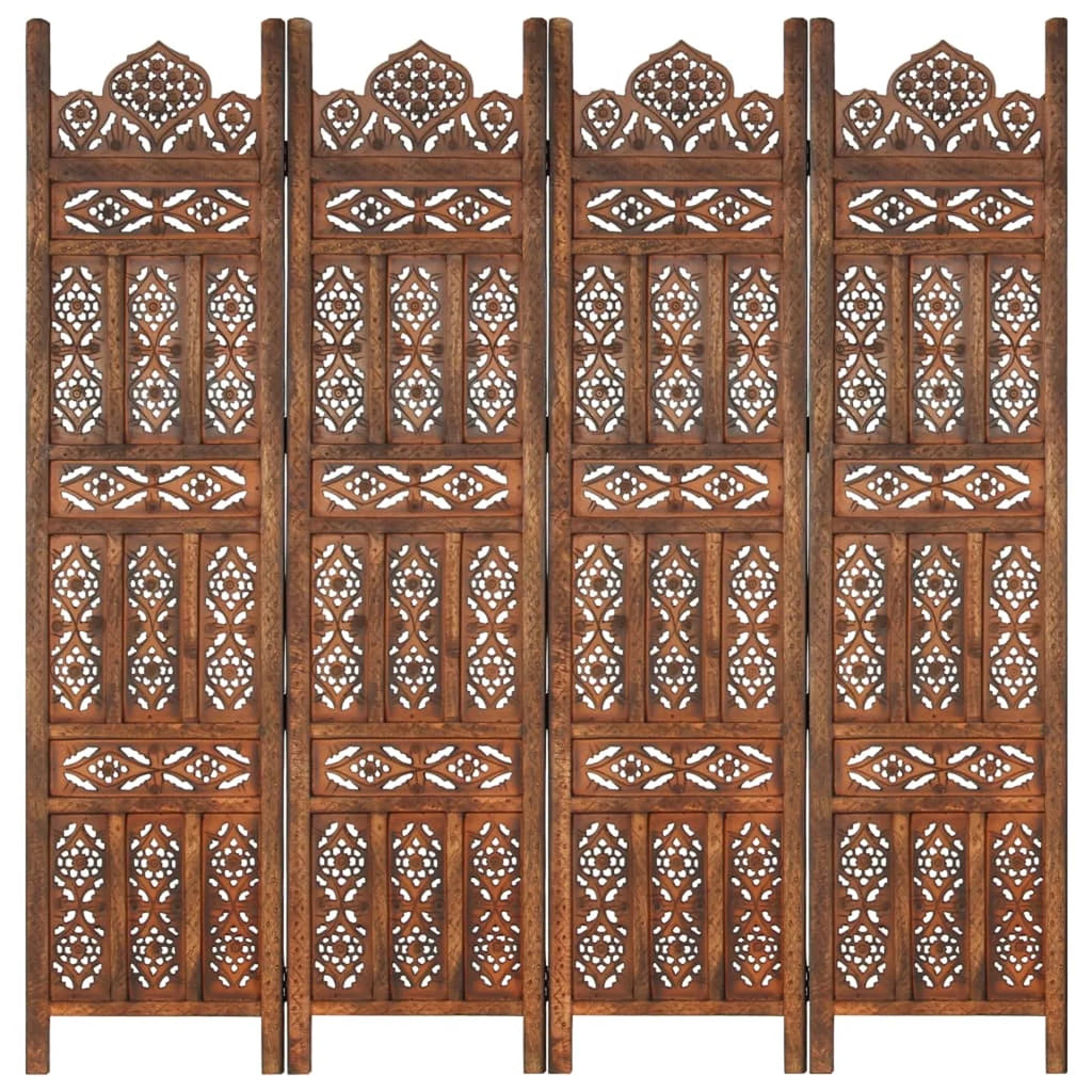 Hand Carved 4-Panel Mango Wood Room Divider O294903