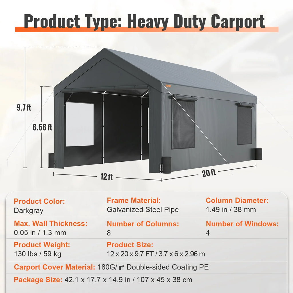 12x20ft Heavy Duty Carport with Removable Sidewalls G325062