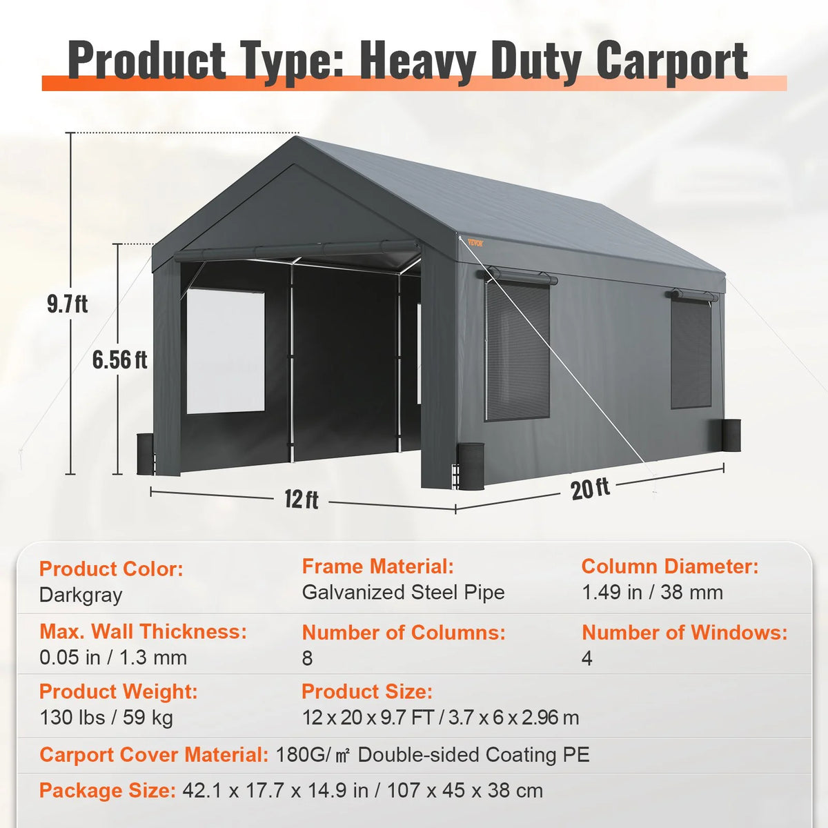 12x20ft Heavy Duty Carport with Removable Sidewalls G325062