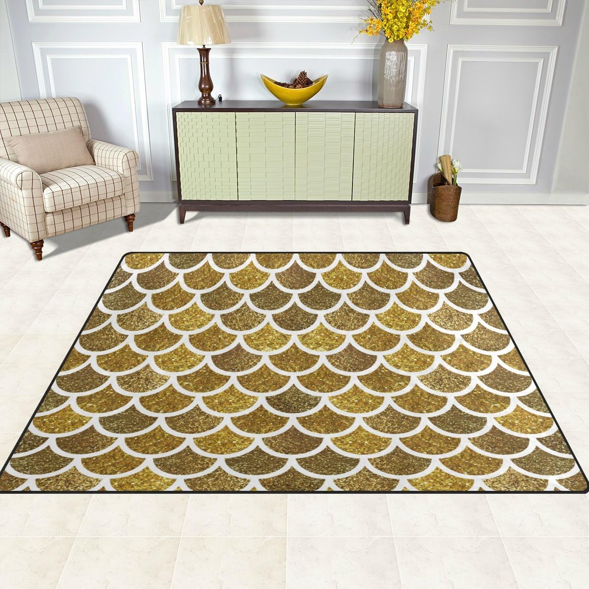 Mermaid Scales Glitter Print Lightweight Carpet Mats, 6'8" x 4'10" Area Soft Rugs Floor Mat Rug P815