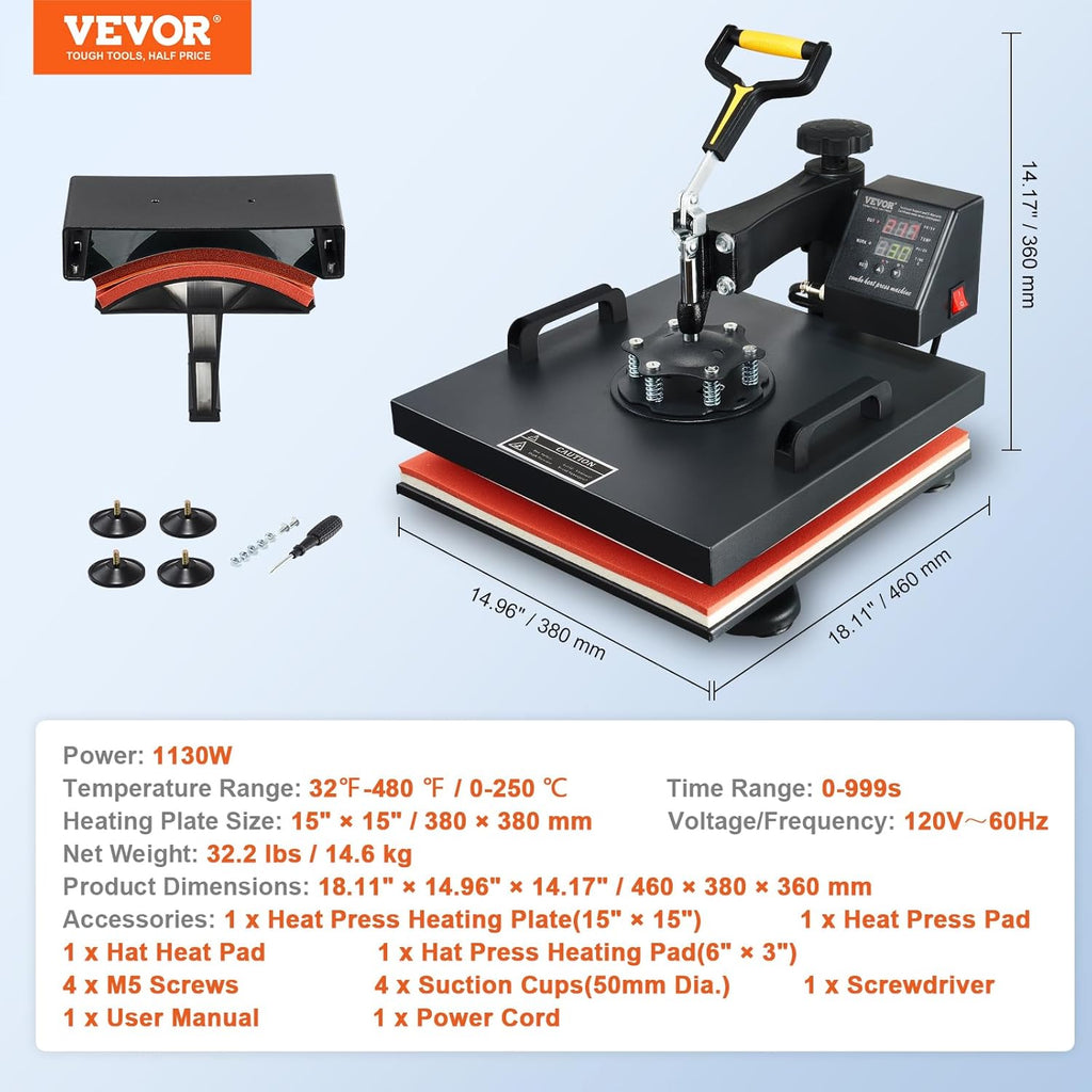 15x15 Heat Press Machine with Hat Press, 360° Swing Away Digital Tshirt Press Machine T55735