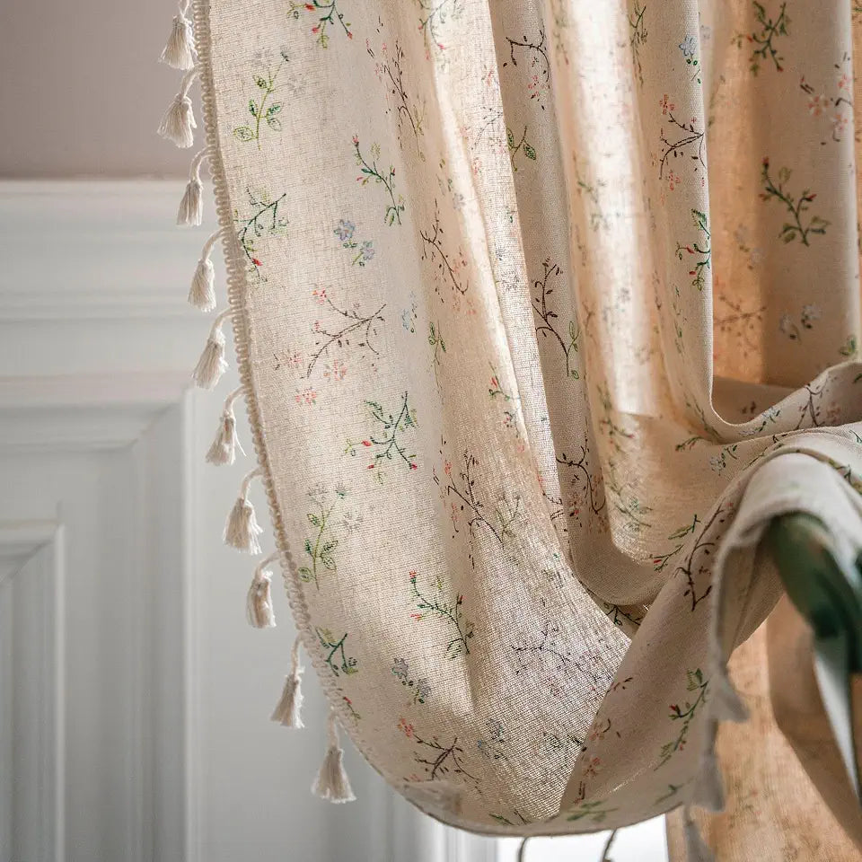 2 Panel Beige Faux Linen Floral Curtains 84 inches Long S265