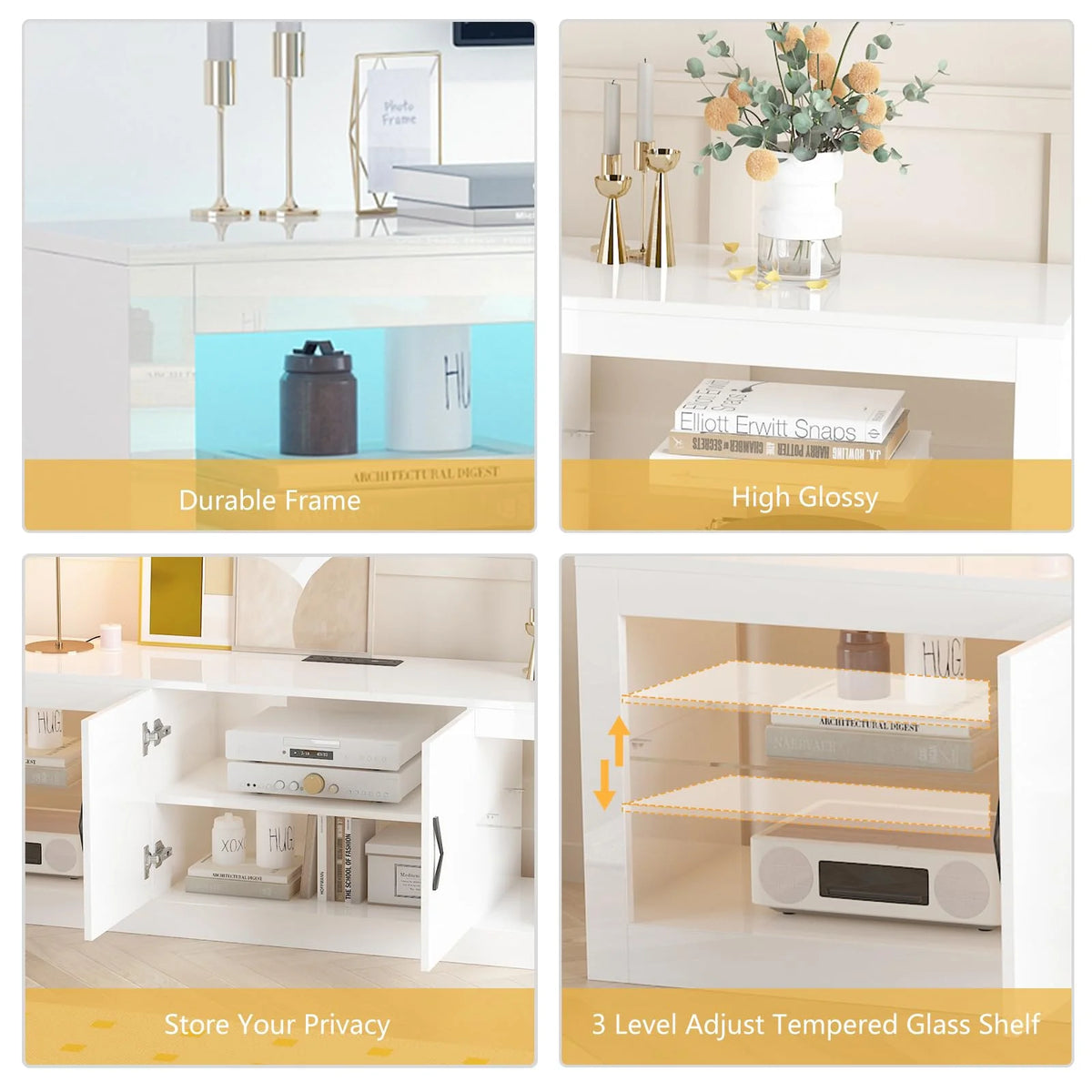 White LED TV Stand with Power Outlet & USB Ports D39506