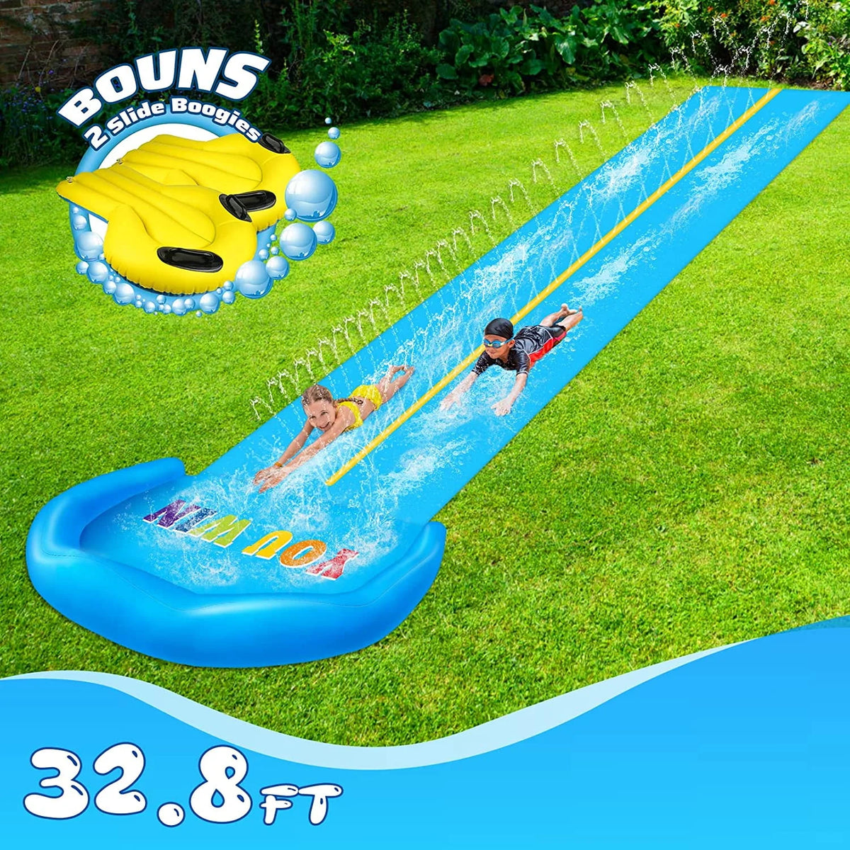 32.8FT Inflatable Water Slide with 2 Racing Lanes and 2 Bodyboards N12974