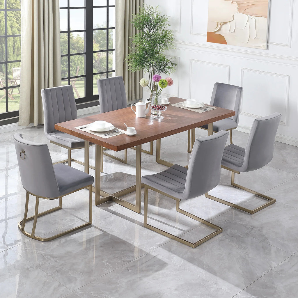 71"x35.5"x30" Walnut Veneer Top Dining Table with Metal Base X894931