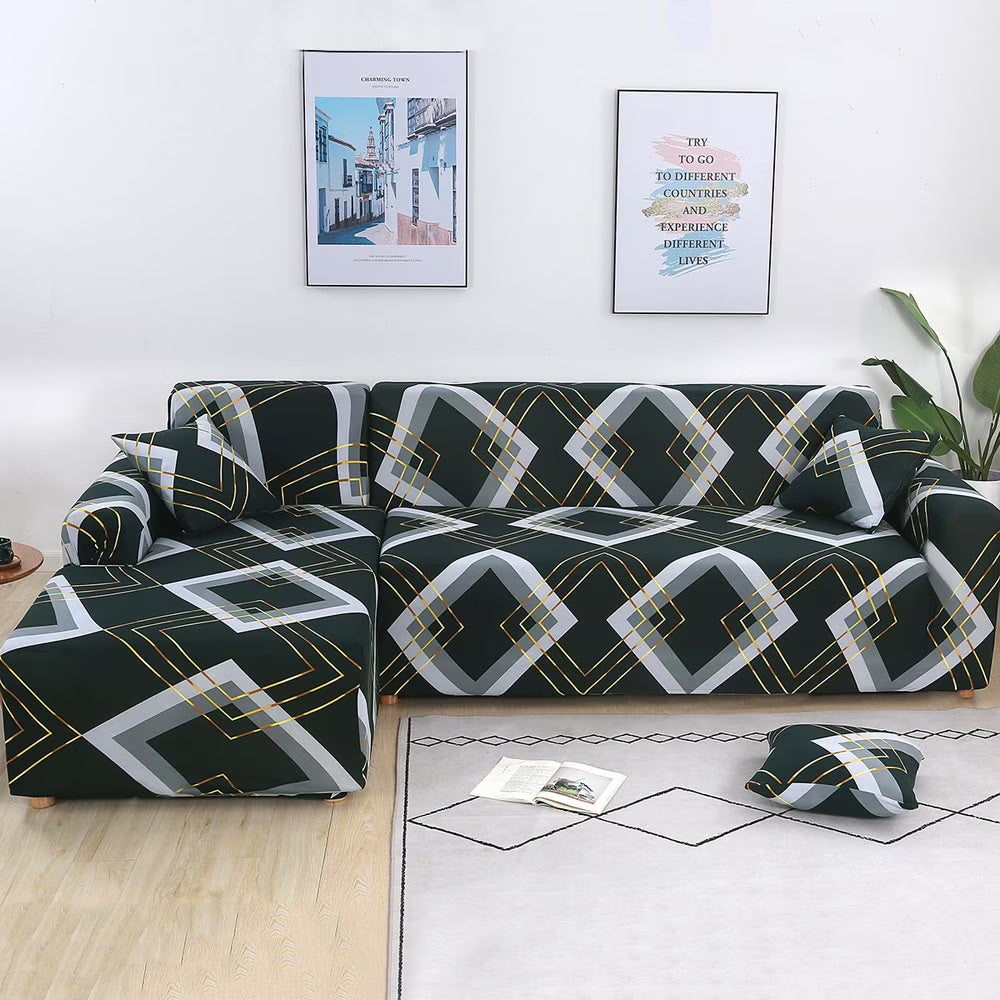 2 Pieces Polyester Fabric Stretch Slipcovers for L Shape Sectional Sofa D5612