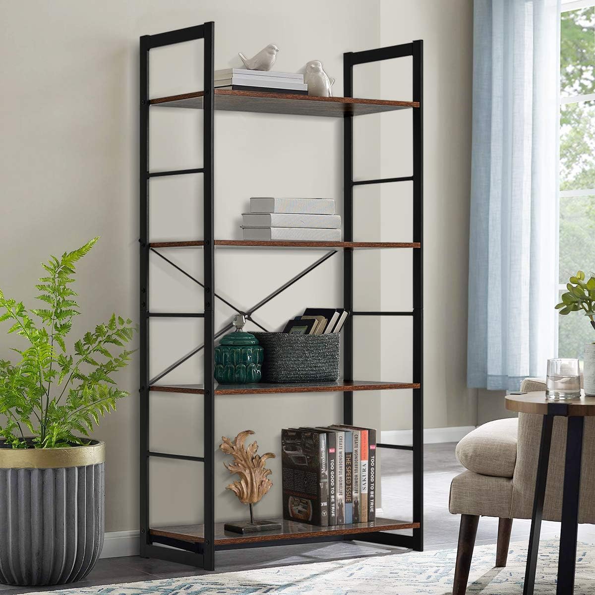4 Tier Rustic Wood and Metal Frame Bookshelf W471