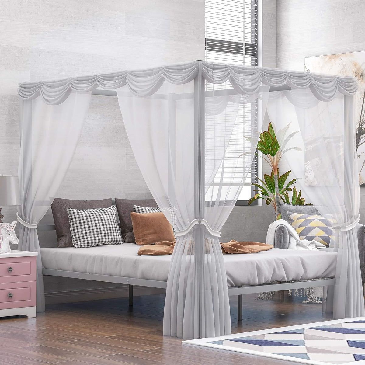 Queen Size Metal Canopy Bed Frame with Headboard Y593