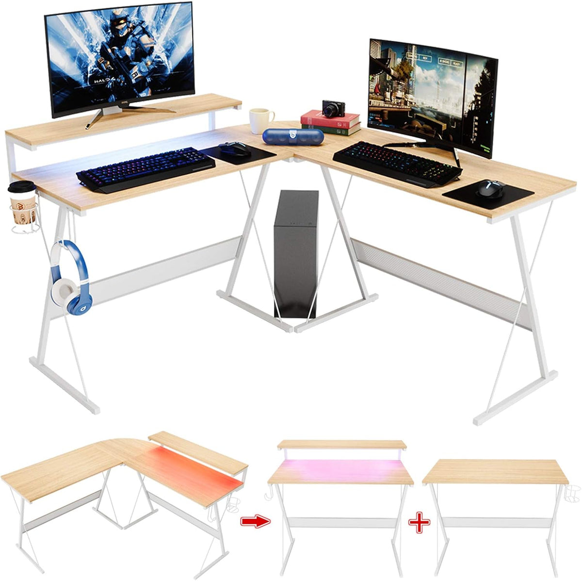 55 inch L-Shaped RGB Gaming Computer Desk with Large Elevated Ergonomic Shelf Carbon Black R888386