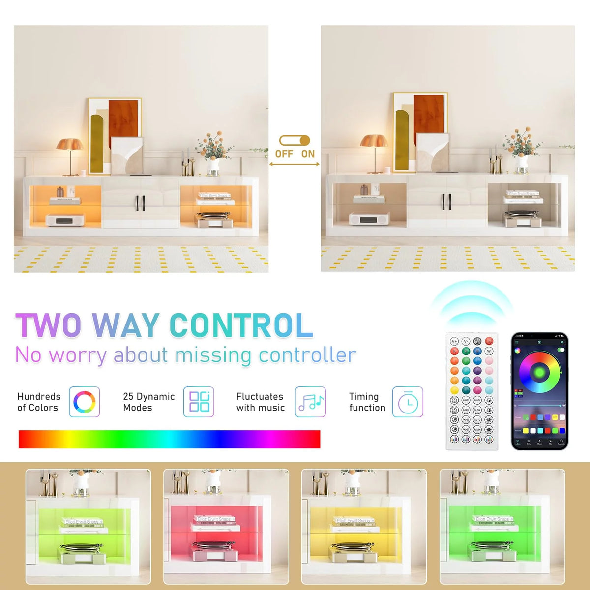 White LED TV Stand with Power Outlet & USB Ports D39506