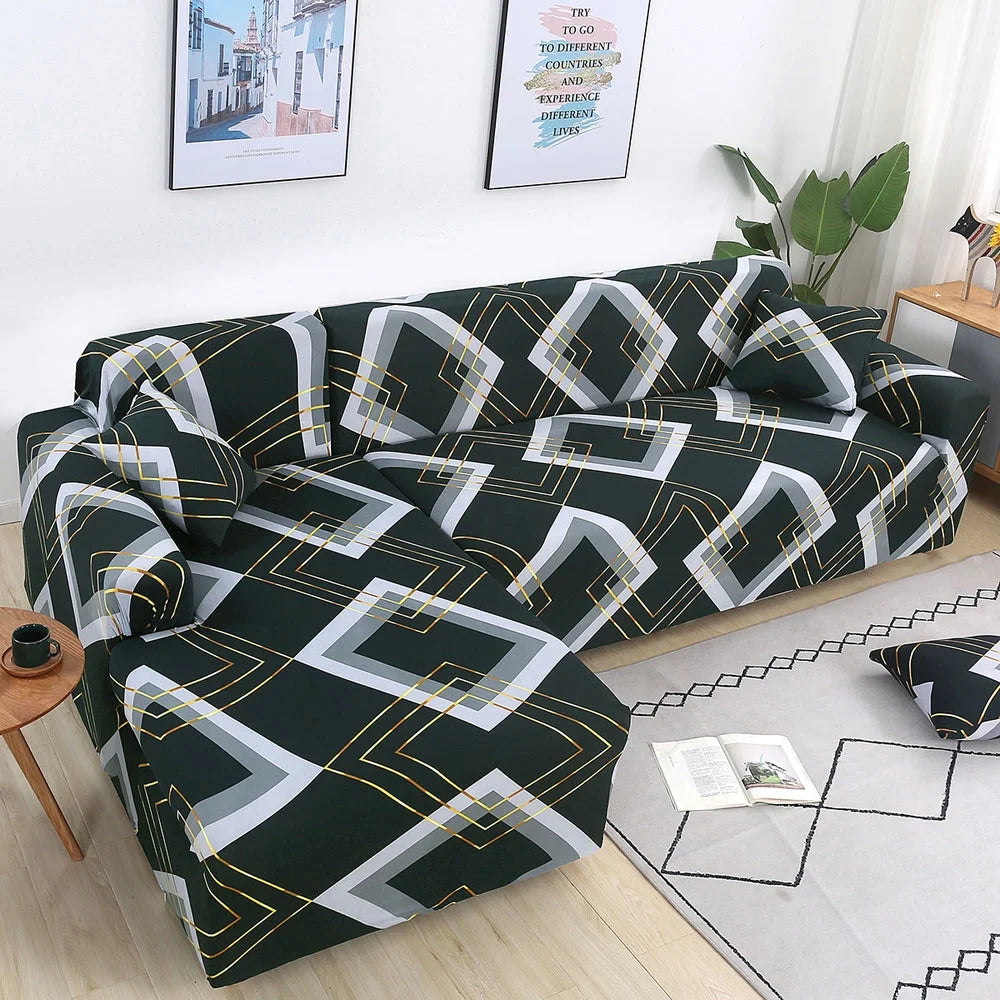 2 Pieces Polyester Fabric Stretch Slipcovers for L Shape Sectional Sofa D5612