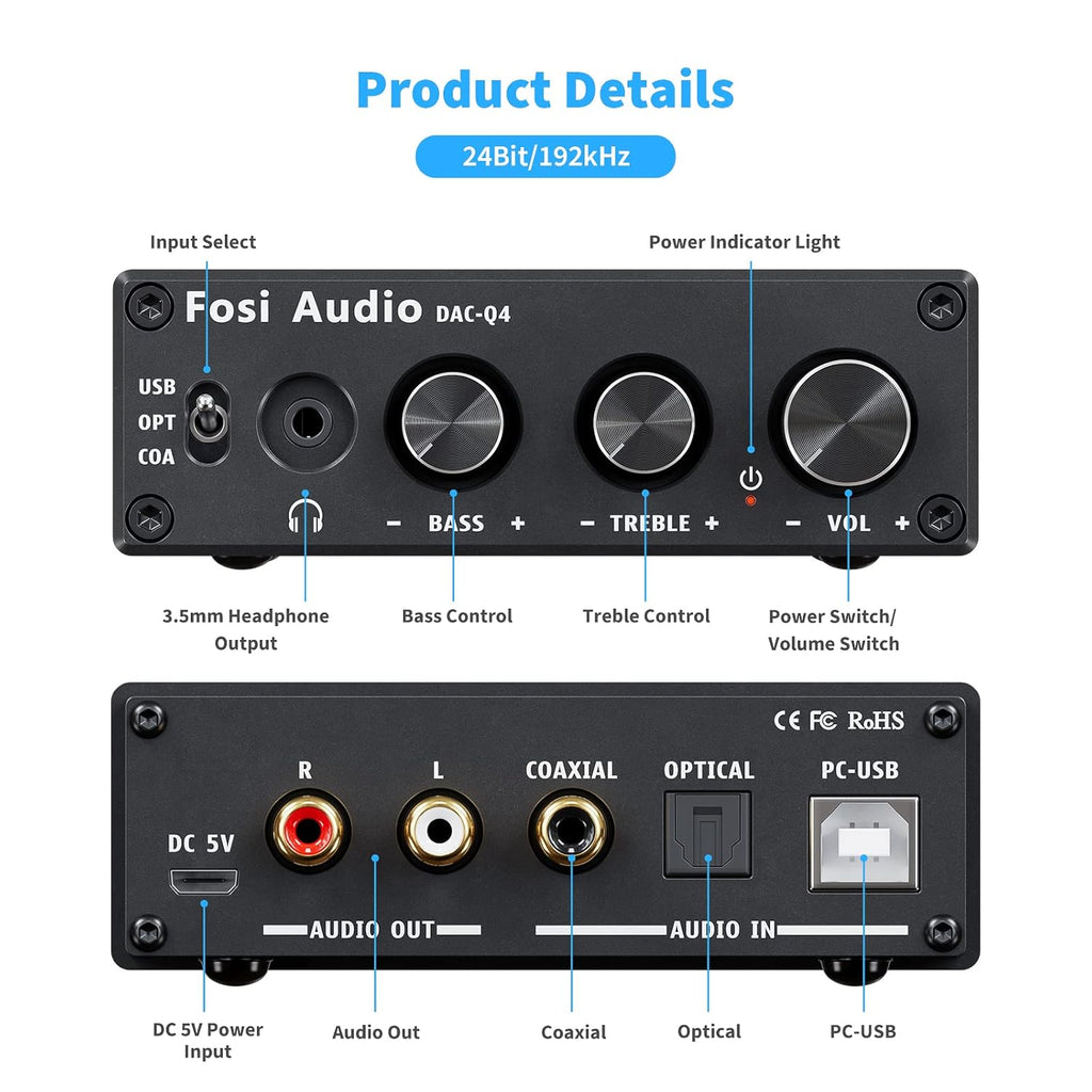24-Bit 192 KHz USB Optical Coaxial to RCA AUX Digital-to-Analog Audio Converter U24036
