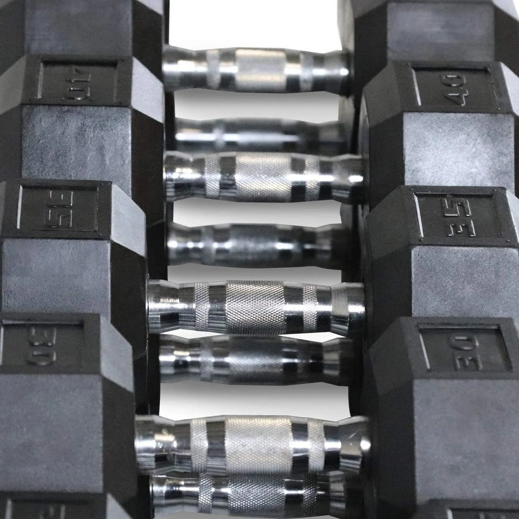Rubber Coated Hex Dumbbell Set With Storage Rack J62322
