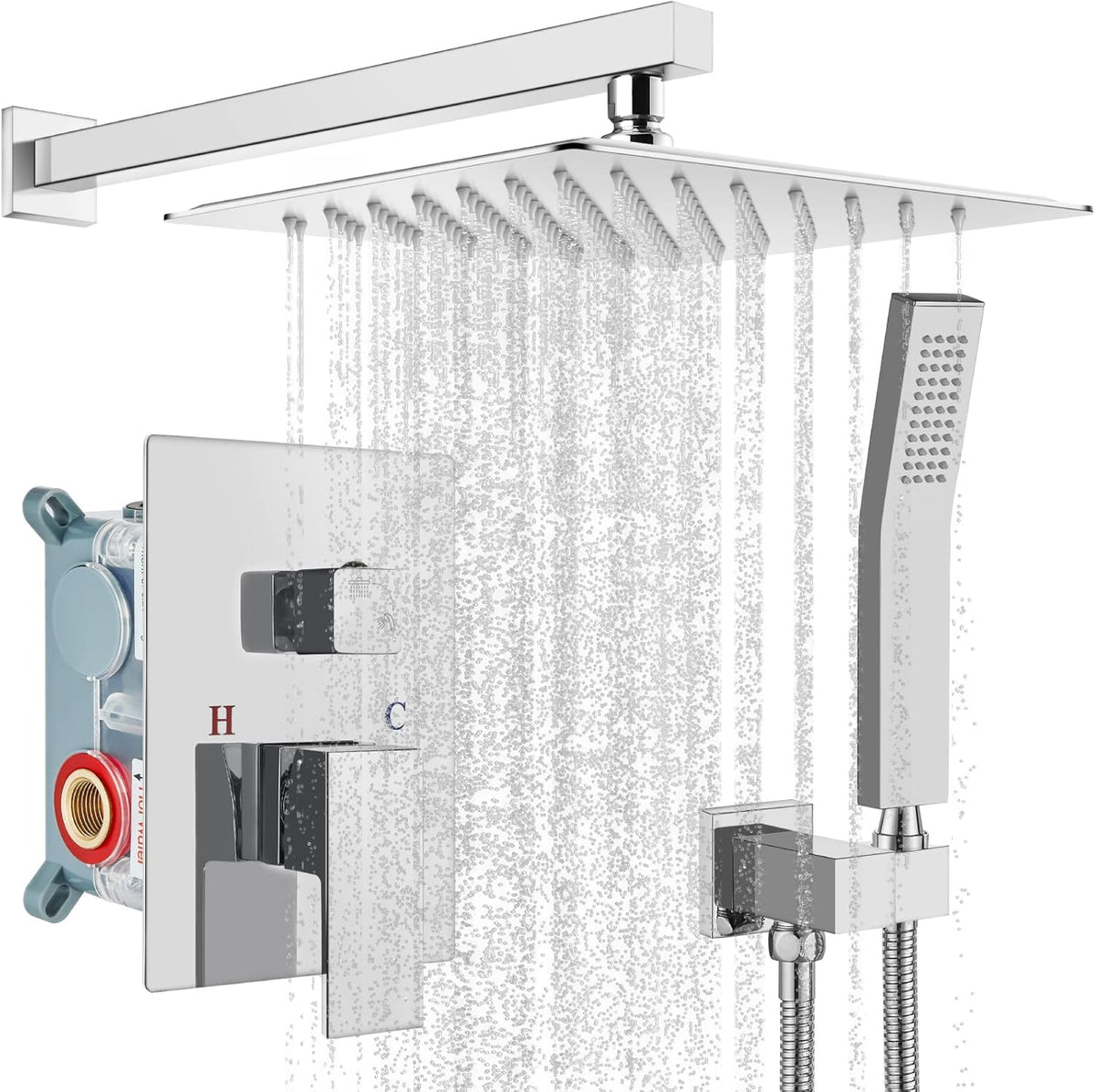 10 inch Wall Mounted Shower System with Hand Held Square Shower Head Polished Chrome R579692