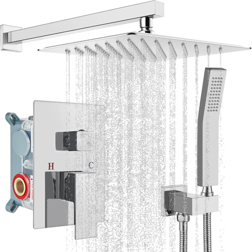 10 inch Wall Mounted Shower System with Hand Held Square Shower Head Polished Chrome R579692