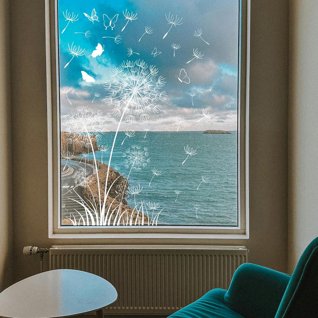 White Dandelion Window Clings Flying Flower Butterflies Window Sticker Self-Adhesive Decals P935801