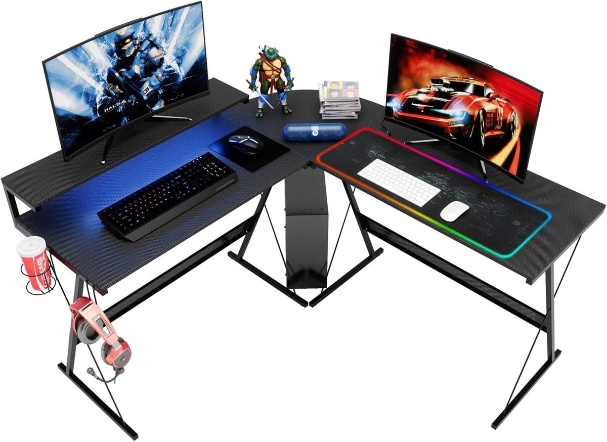 55 inch L-Shaped RGB Gaming Computer Desk with Large Elevated Ergonomic Shelf Carbon Black R888386