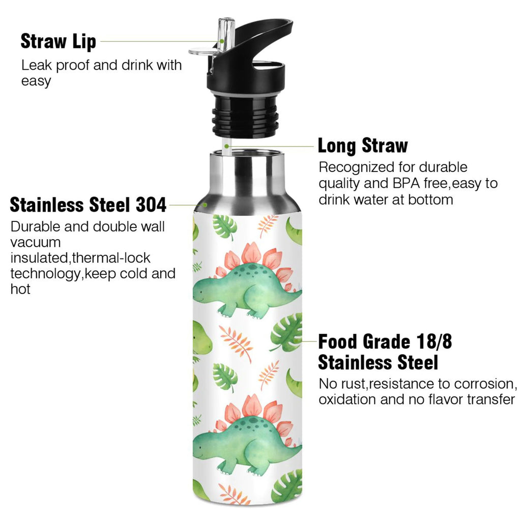 Green Dinosaur Stainless Steel Insulated Water Bottle with Straw Lid Z4659