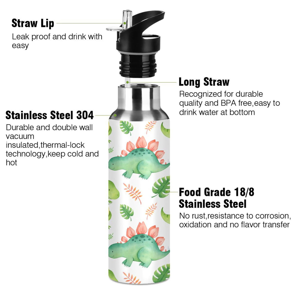 Green Dinosaur Stainless Steel Insulated Water Bottle with Straw Lid Z4659