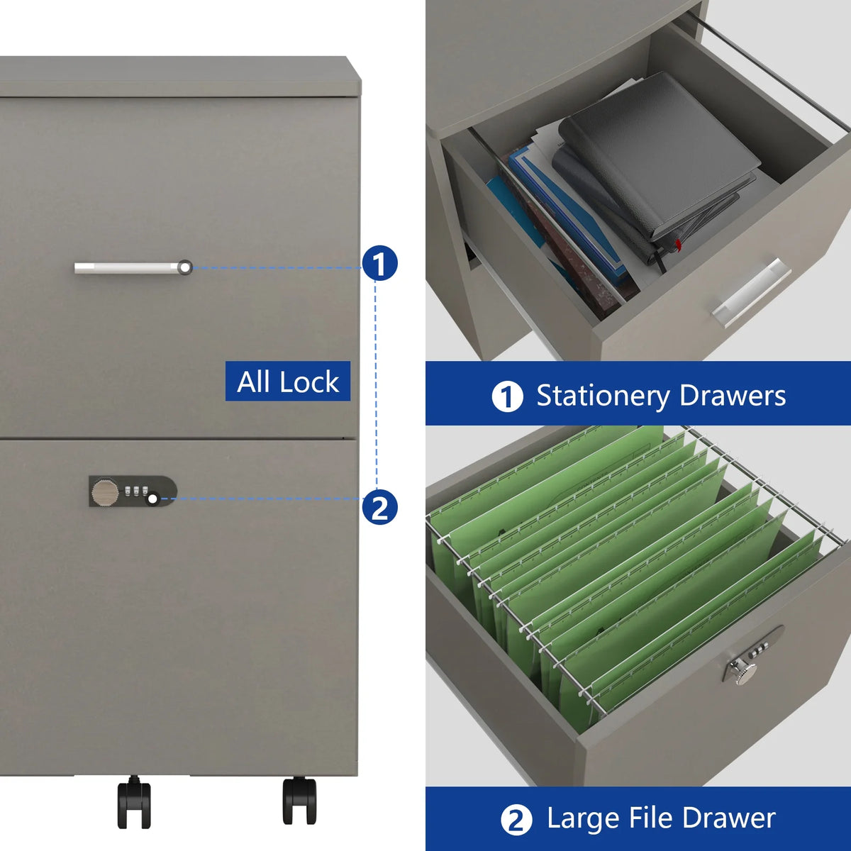 White Gray 2 Drawer Rolling File Cabinet Q3865