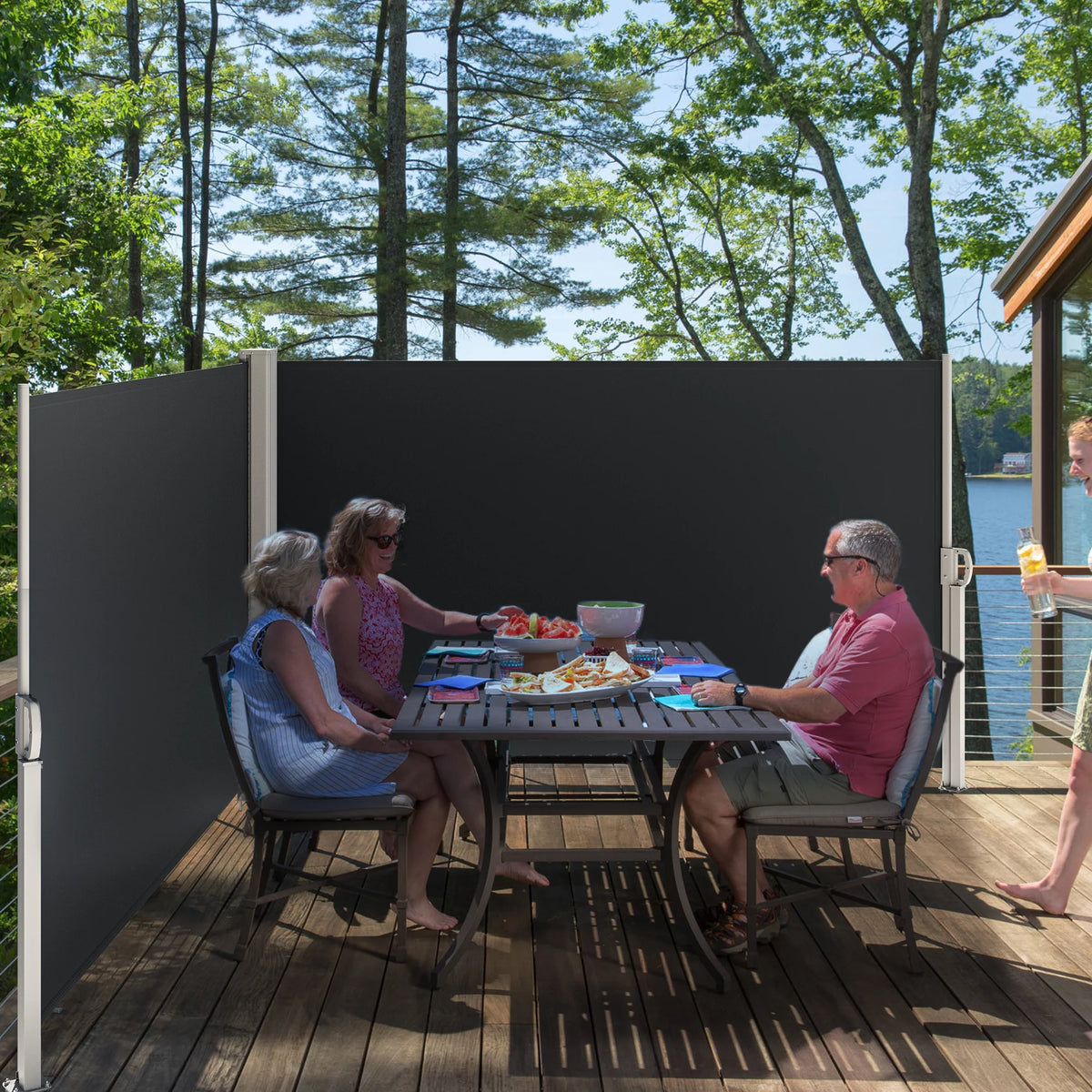 Double Side Awning 236''X 63'', Retractable Waterproof UV-Resistant Privacy Screen, Gray P50724