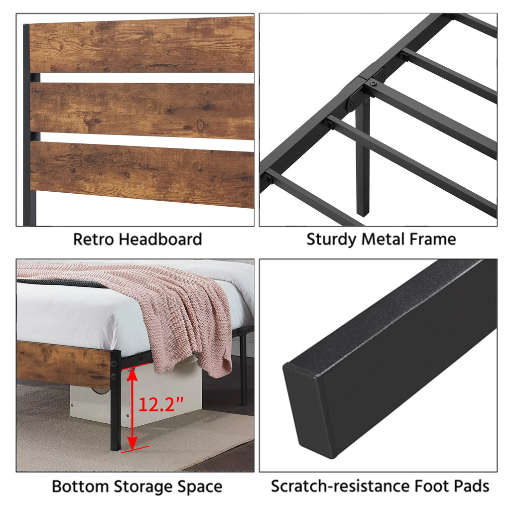 Brown Twin Bed Frame with Wooden Headboard and Metal Slats W518406