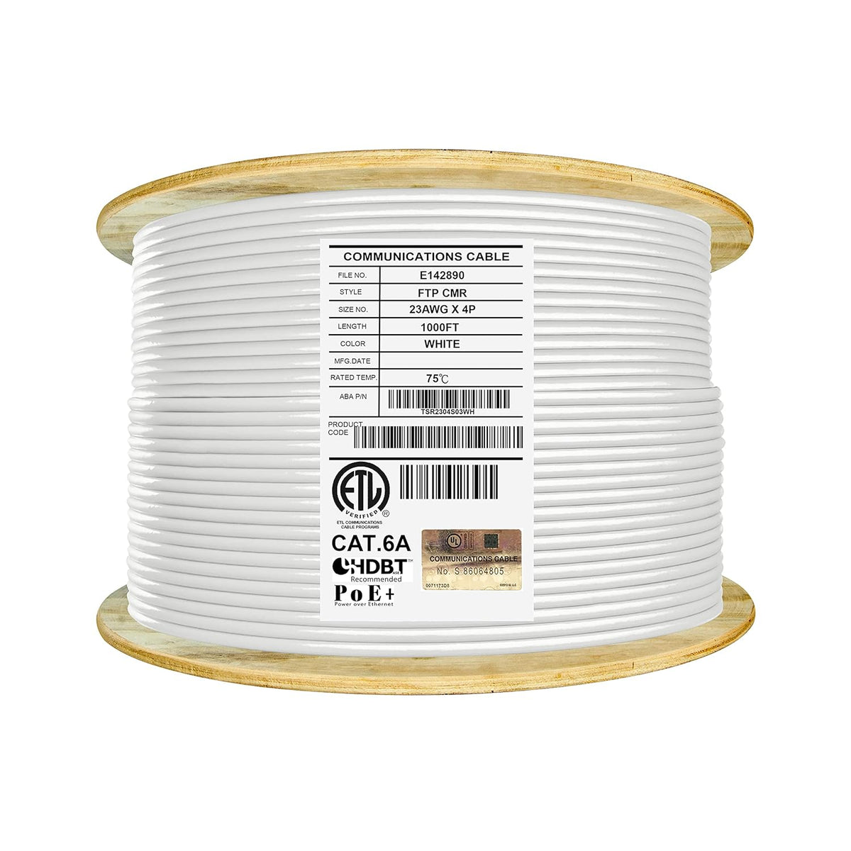 Cat6A Shielded Riser 1000ft FTP 23AWG Solid Bare Copper Ethernet Cable Reel Blue E985