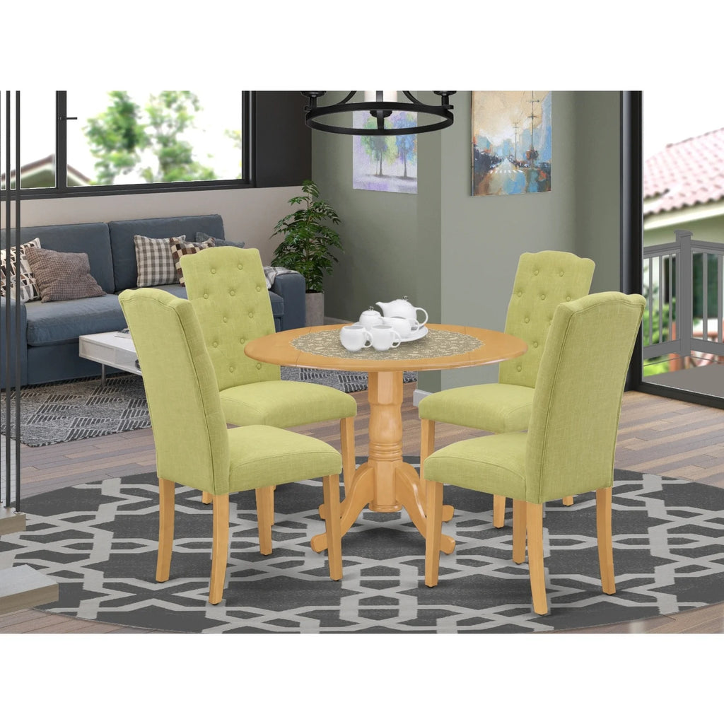 5Pc Dining Set with Drop Leaves and Four Parson Chairs, Lime Green Fabric, Oak Finish Y504936