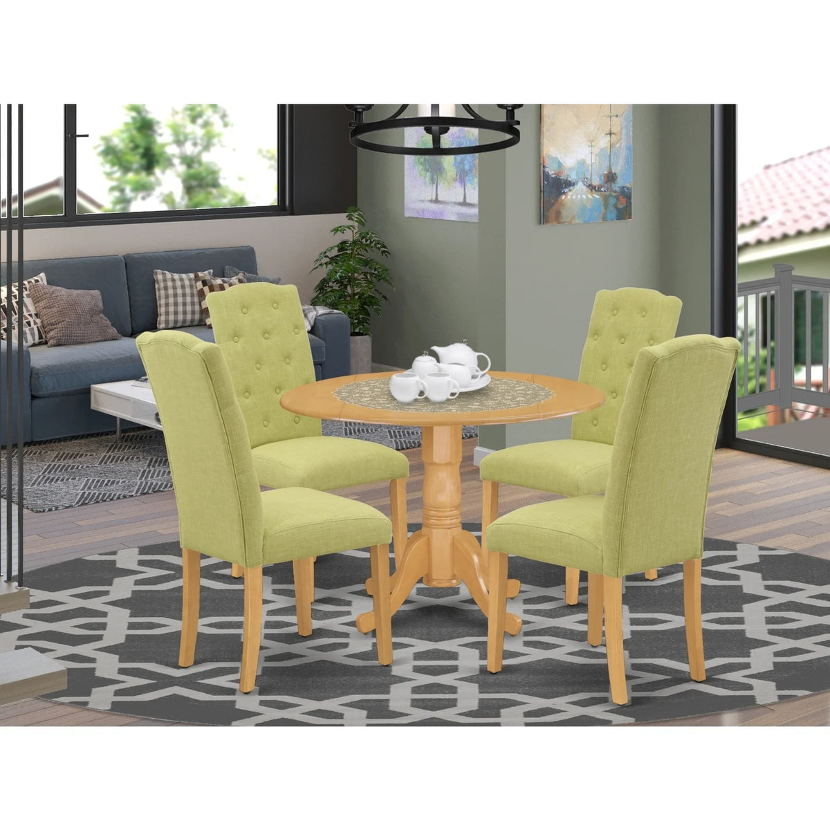 5Pc Dining Set with Drop Leaves and Four Parson Chairs, Lime Green Fabric, Oak Finish Y504936