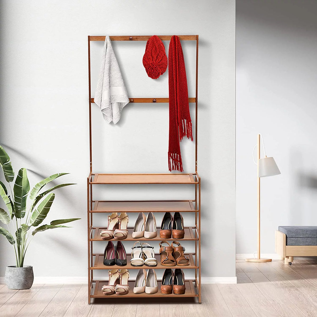 5-Tier Bamboo Coat Shoe Rack with Storage Bench and 8 Hooks S60110