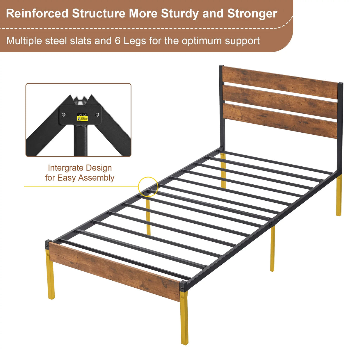 Brown Twin Bed Frame with Wooden Headboard and Metal Slats W518406