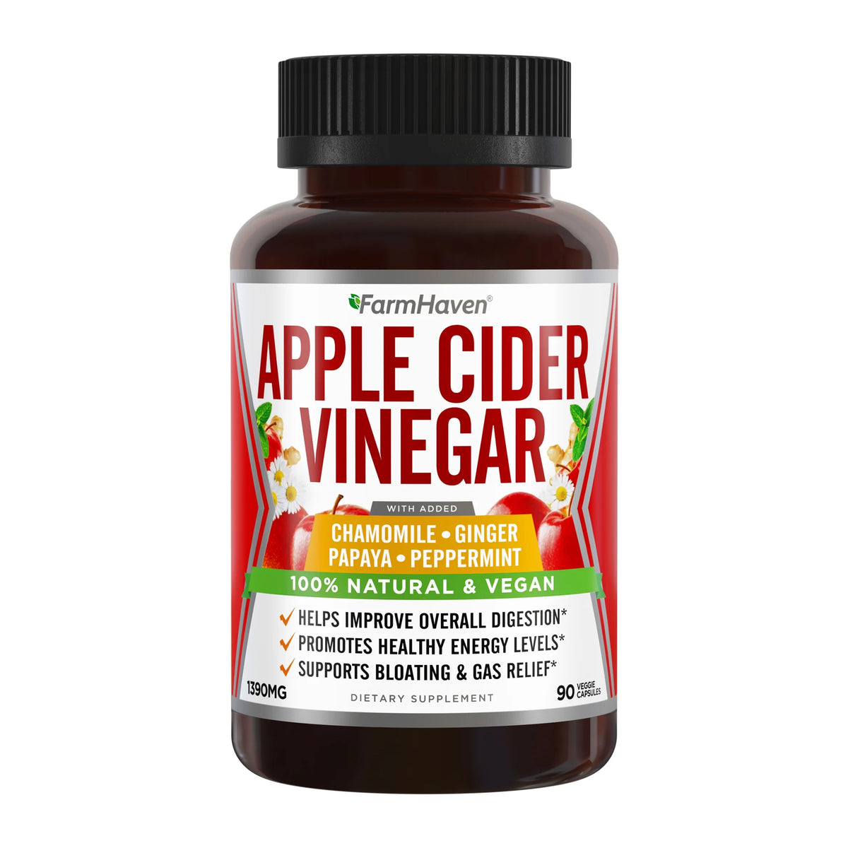 90 Capsules Apple Cider Vinegar Capsules with Ginger, Papaya & Chamomile A151351