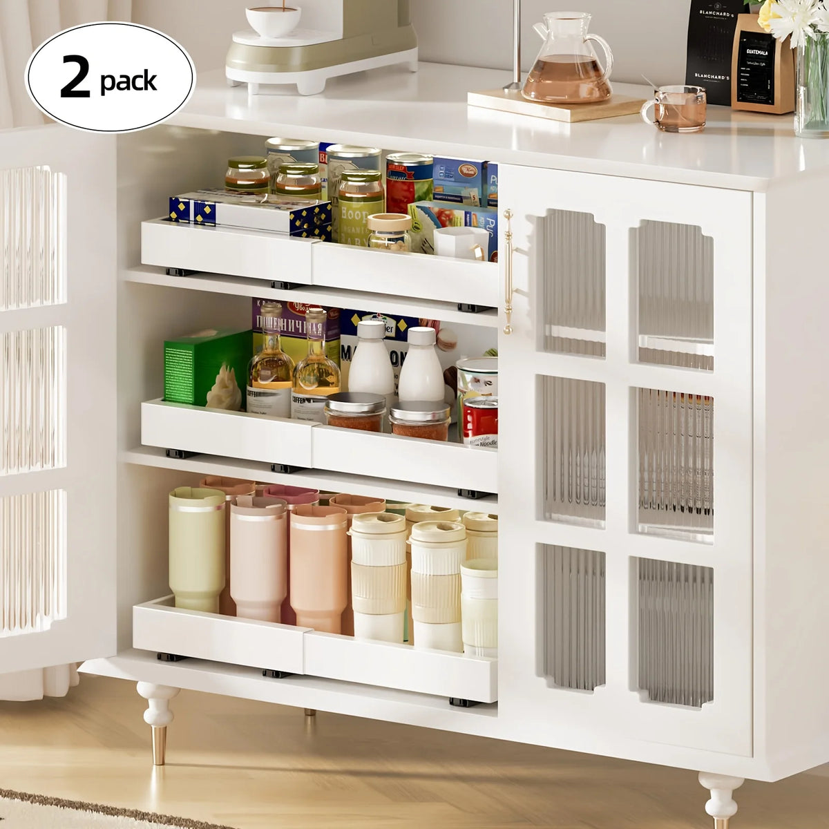 2Pack Expandable Pull Out Cabinet Organizer 16Deep, Slide Out Drawers With 6pcs Divider Racks, Roll Out Shelves Adhesive, Adjustable Width11.7-20 Q861