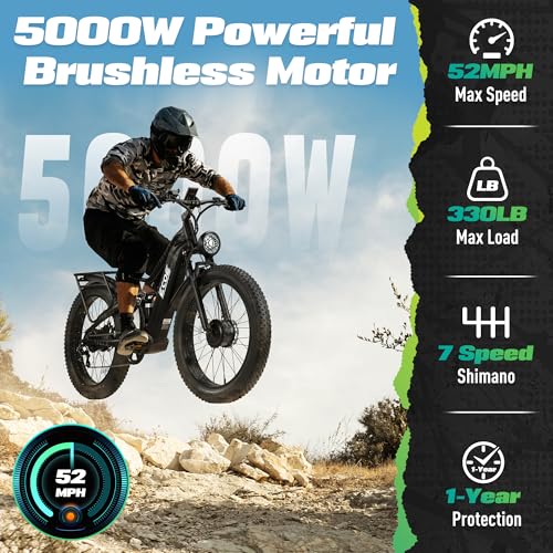 5000W Dual Motor Electric Bike with 60V 32AH Battery 26x4 Fat Tire Full Suspension 7-Speed Gear C5483