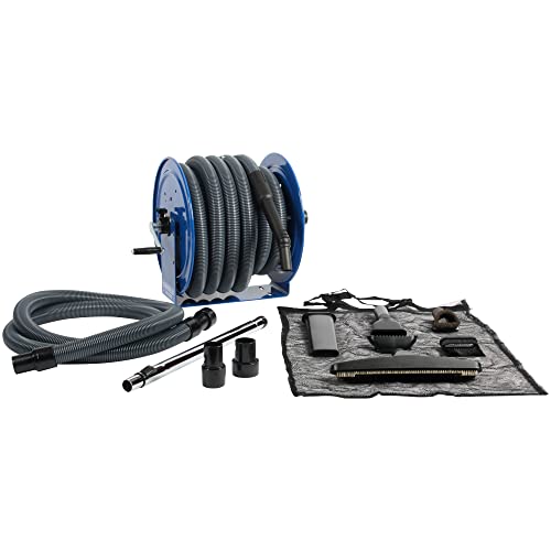 Industrial Grade Steel Hose Reel and Wet/Dry Vacuum Attachment Set, Gray Y8320