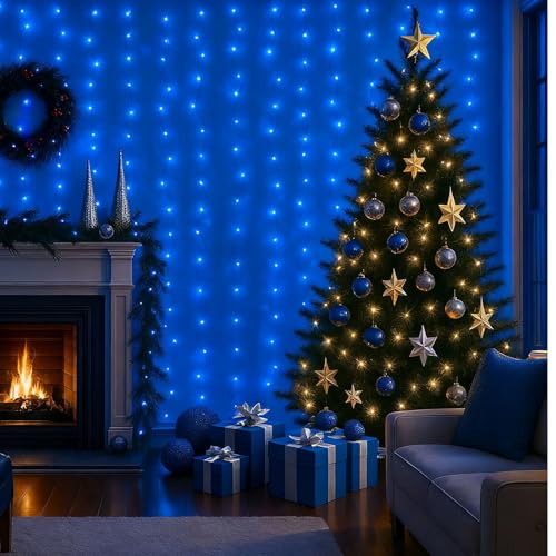 300 LED Fairy Curtain Lights, 9.8ft x 9.8ft Battery Operated Blue String Hanging Lights C7993
