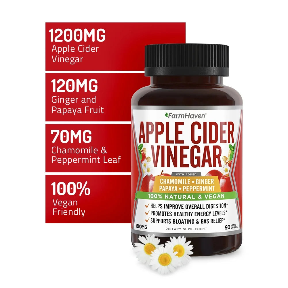90 Capsules Apple Cider Vinegar Capsules with Ginger, Papaya & Chamomile A151351