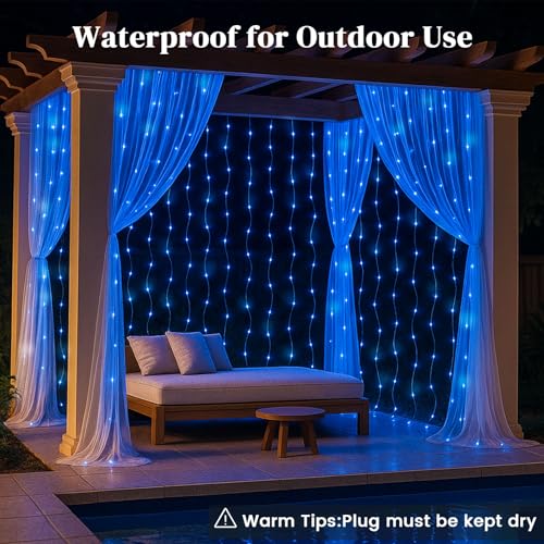 300 LED Fairy Curtain Lights, 9.8ft x 9.8ft Battery Operated Blue String Hanging Lights C7993