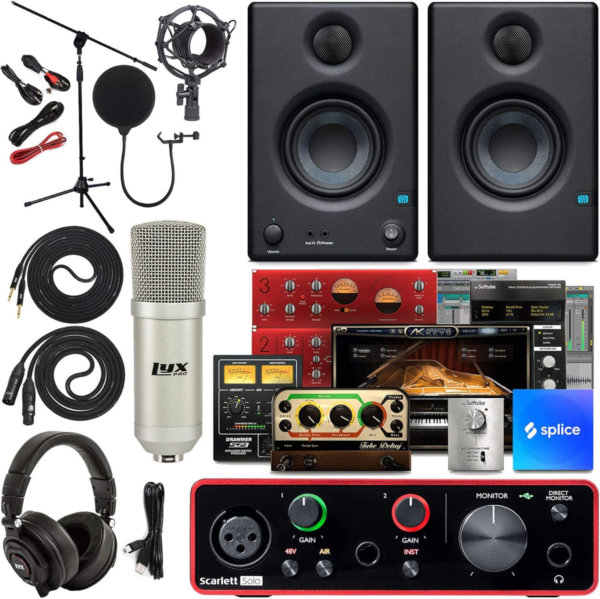 2x2 USB Audio Interface Full Studio Bundle with Studio Monitors and Instrument Cables Y917031