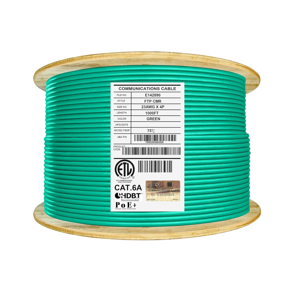 Cat6A Shielded Riser 1000ft FTP 23AWG Solid Bare Copper Ethernet Cable Reel Blue E985
