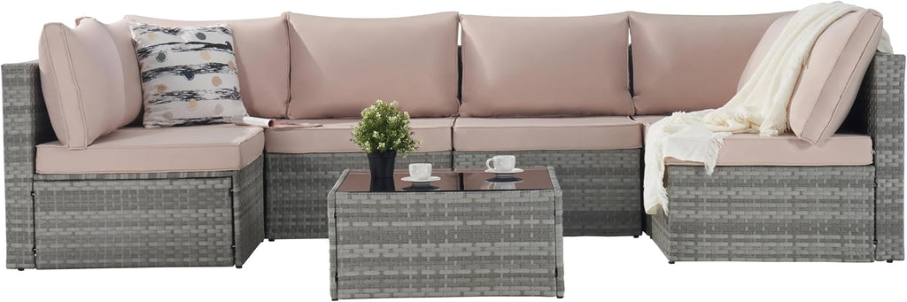 Beige 7 Piece PE Rattan Wicker Patio Conversation Set with Coffee Table A704915