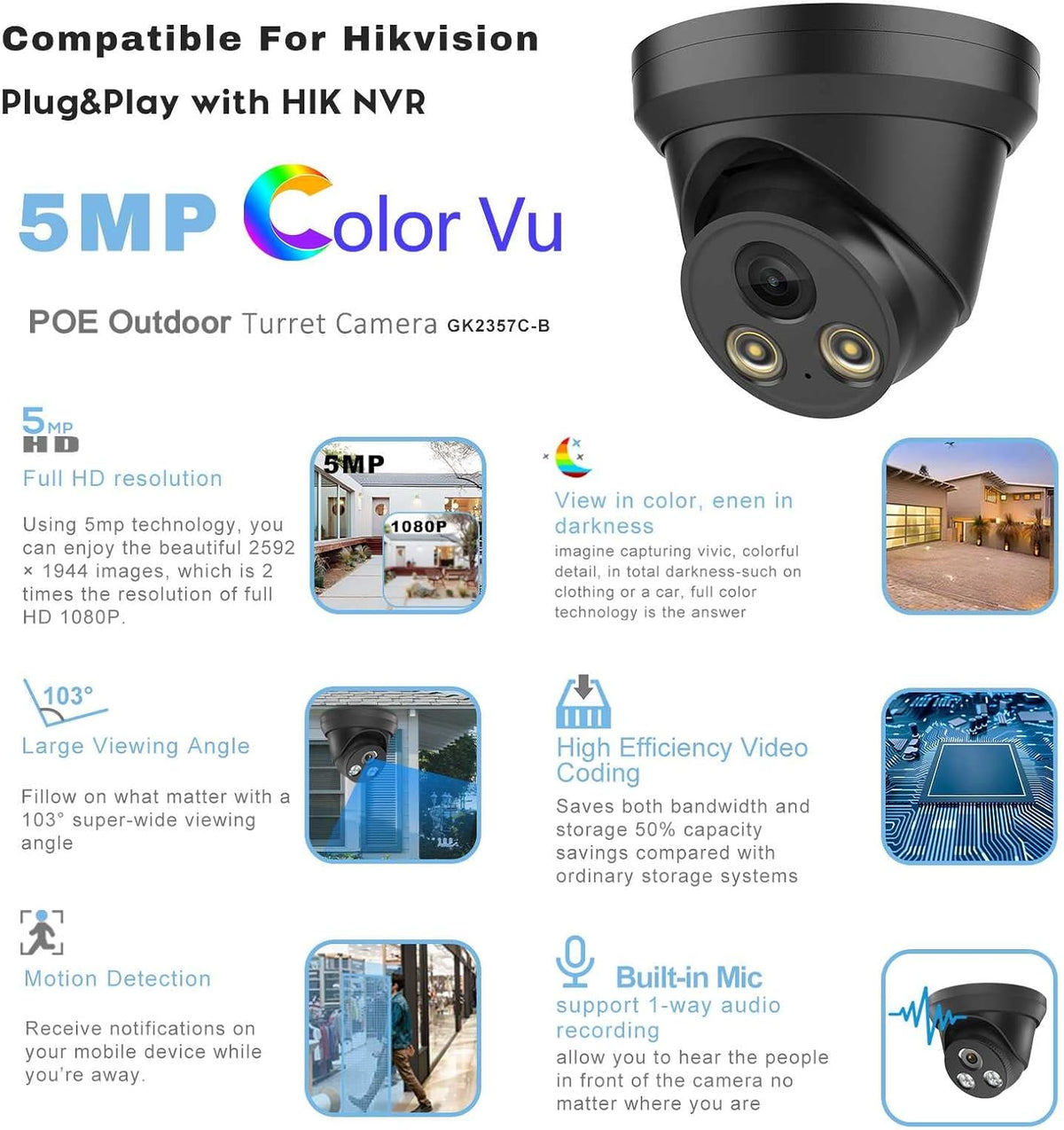 5MP Night Color Turret PoE Security IP Camera with Mic K38676