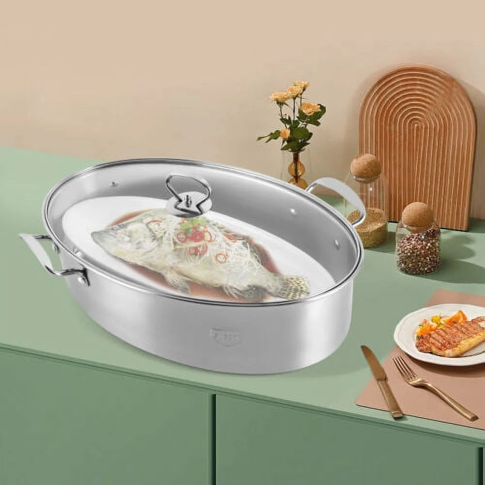 Stainless Steel Fish Steamer Pot with Glass Lid J926827
