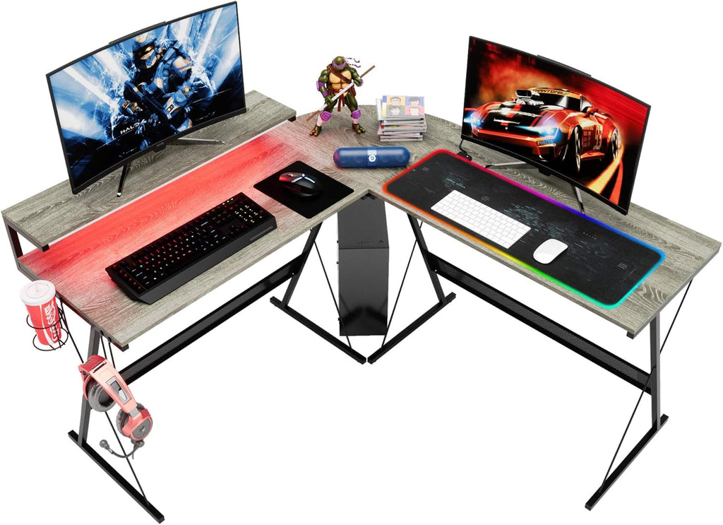 55 inch L-Shaped RGB Gaming Computer Desk with Large Elevated Ergonomic Shelf Carbon Black R888386