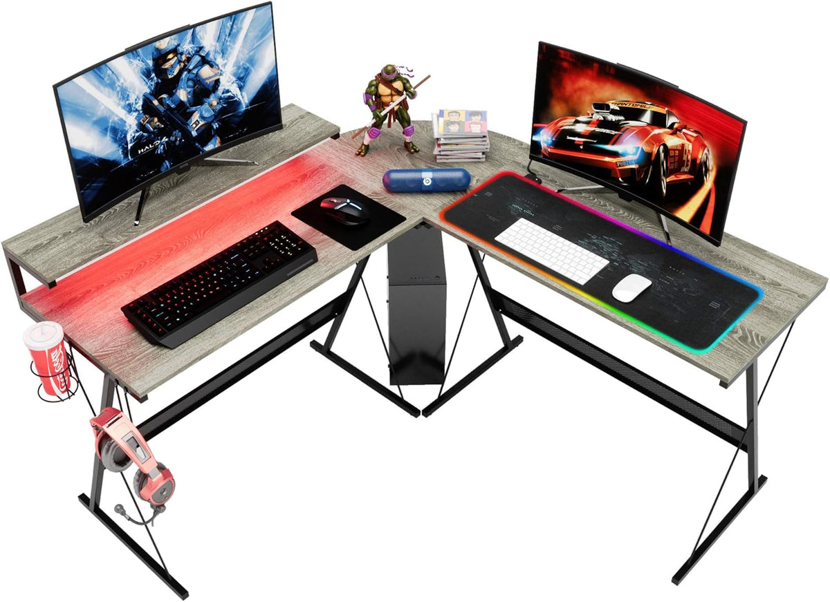 55 inch L-Shaped RGB Gaming Computer Desk with Large Elevated Ergonomic Shelf Carbon Black R888386